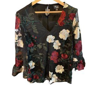 Beige by ECI Black 3D Rose Embroidered Sheer Arms V Neck Blouse Top Sz L
